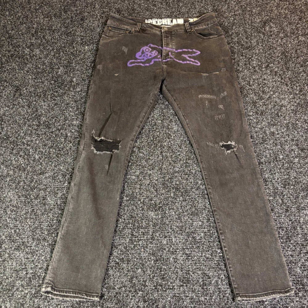 Icecream Running Dog Distressed Jeans Washed Black Purple Logo Mens 36